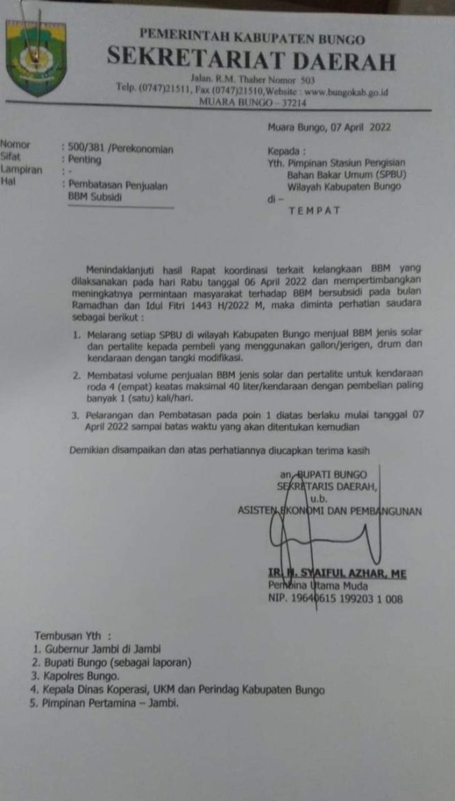 
 Surat Edaran Pemerintah Kabupaten Bungo Larang Isi BBM Dengan Galon dan Tanki Modifikasi