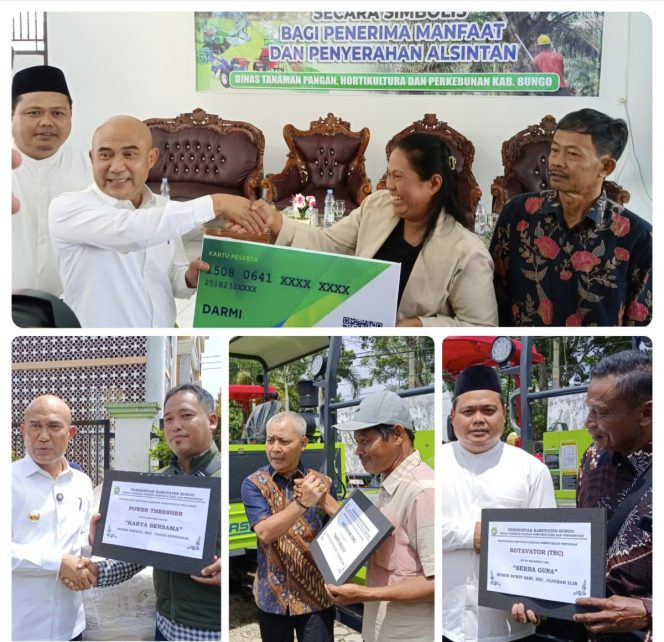 
 Pemda Bungo Melalui Dinas TPH-Bun Menyerahkan Kartu BPJS-TK dan Alsintan