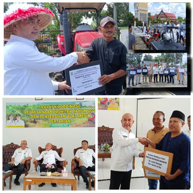 
 Bupati Bungo Melalui Dinas TPH Menyerahkan Alsintan Drone Sprayer dan Traktor serta Bibit Padi dan Sayuran Kepada 10 Kelompok Tani